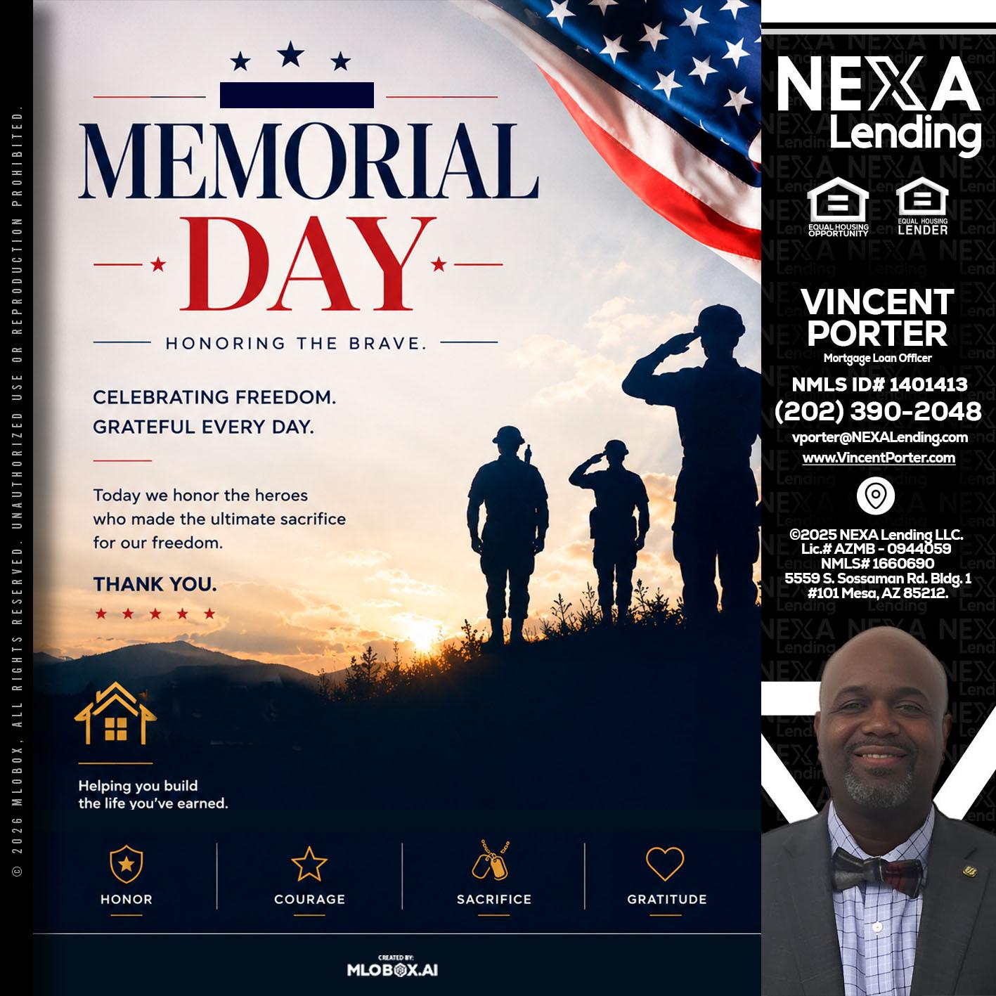 MEMORIAL DAY - Vincent Porter -Mortgage Loan Officer